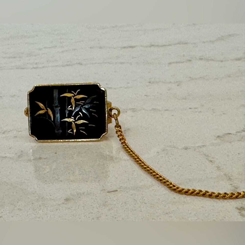 VINTAGE Japan AMITA Damascene Bamboo Sweater / Collar Clip — Midcentury Jewelry - Picture 3 of 5